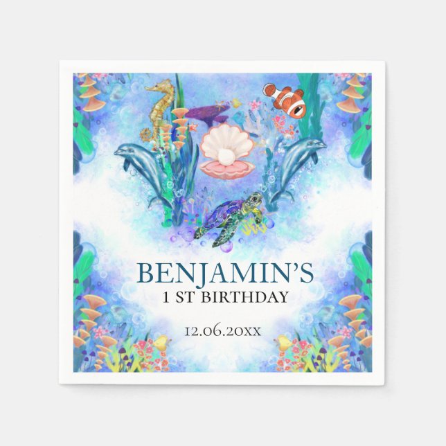 Ocean Sea Animals Wild One Birthday Napkins (Front)