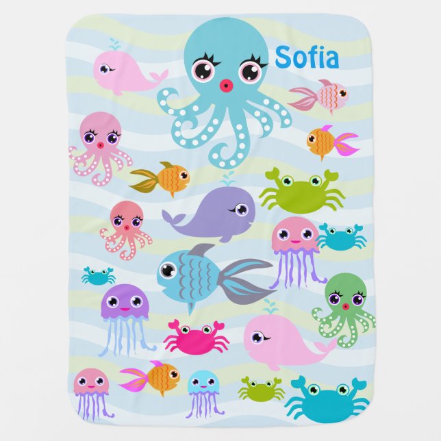 ocean sea Baby Blanket, octopus, crab, fish, jelly Stroller Blanket (Front)