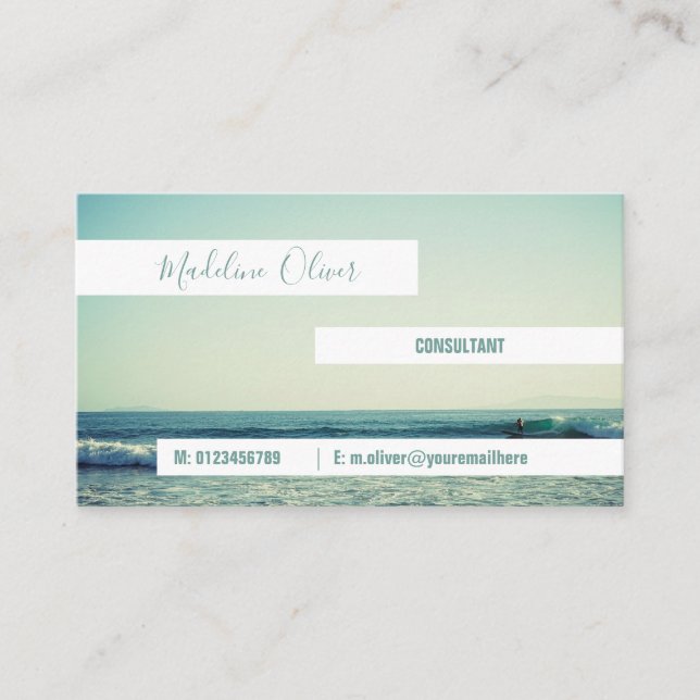 Ocean Sea  Blue Waves Beach Modern White Business Card (Front)