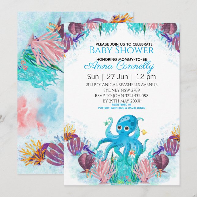 Ocean Sea Colourful Boy Octopus Baby Shower  Invitation (Front/Back)