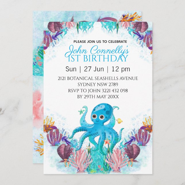 Ocean Sea Colourful Boy Octopus Birthday  Invitation (Front/Back)