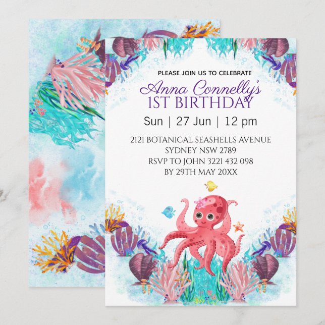 Ocean Sea Colourful Pink Octopus Birthday Invitation (Front/Back)