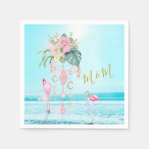 Ocean Sea Flamingo Floral Jewels Pink  Napkins