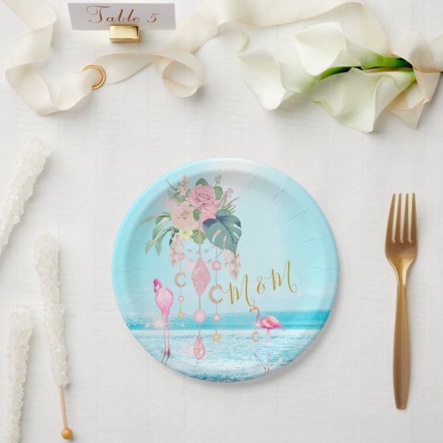 Ocean Sea Flamingo Floral Jewels Pink  Paper Plates (Wedding)