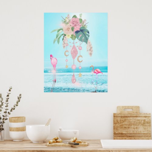Ocean Sea Flamingo Floral Jewels Pink  Poster