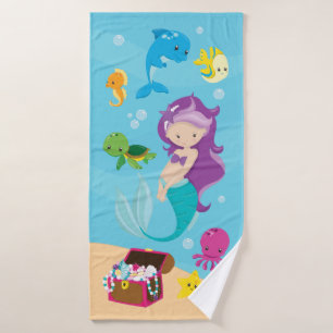 Ocean Sea Friends Cute Cartoon Mermaid & Treasure Bath Towel Set