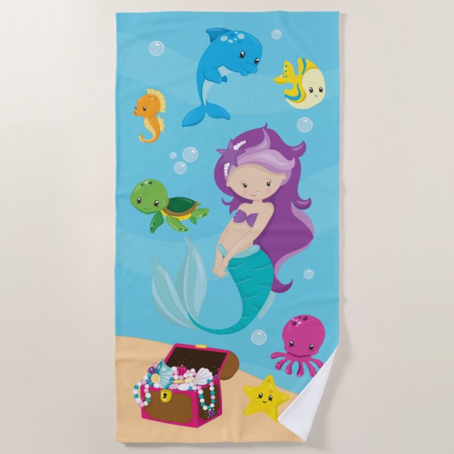 Ocean Sea Friends Cute Cartoon Mermaid & Treasure Beach Towel (Front)