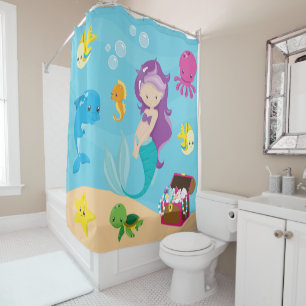 Ocean Sea Friends Cute Cartoon Mermaid & Treasure Shower Curtain