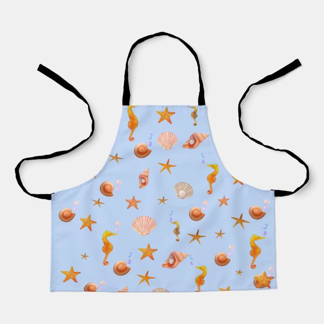Ocean sea horses & sea shells on light blue apron (Front)