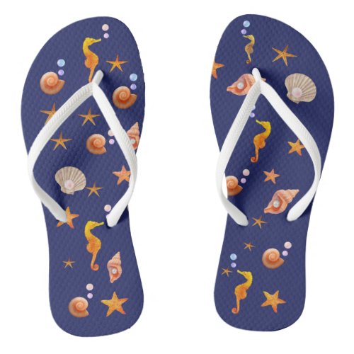 Ocean sea horses sea shells  pearls on navy blue flip flops