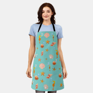 Ocean sea horses, sea shells & pearls on teal apron