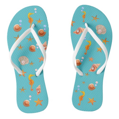 Ocean sea horses sea shells  pearls on turquoise flip flops