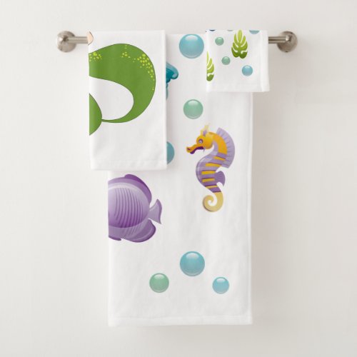 Ocean Sea Life Cute Fish Pattern Personalized Kids Bath Towel Set