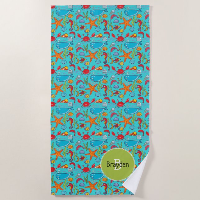 Ocean Sea Life Cute Fish Pattern Personalized Kids Beach Towel (Front)