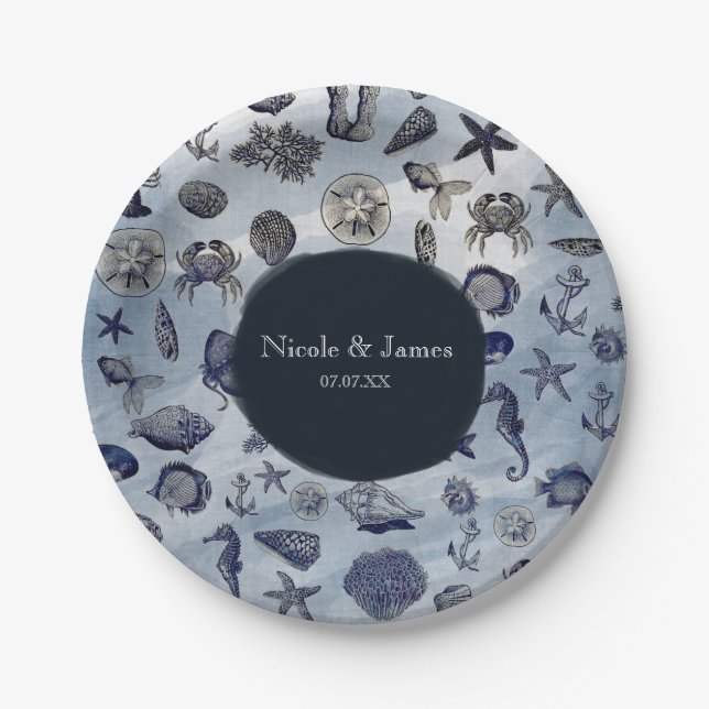 Ocean Sea Life Nautical Seashells Beach Wedding Paper Plates (Front)