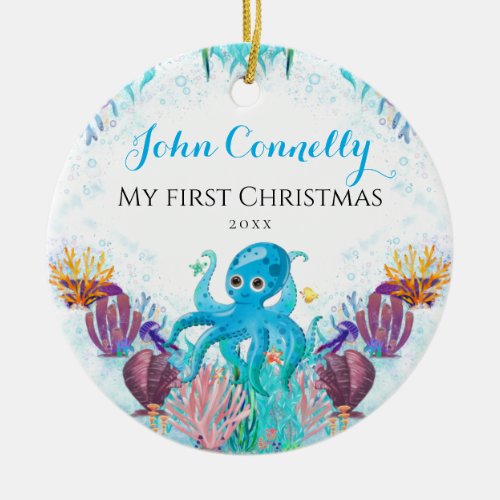 Ocean Sea Octopus Baby 1st Christmas Colourful Cer Ceramic Ornament