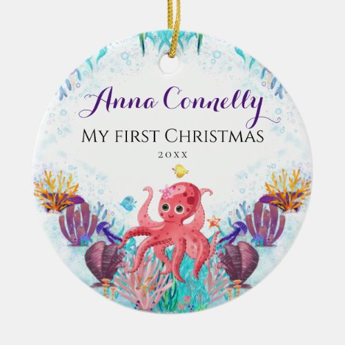 Ocean Sea Octopus Baby 1st Christmas Colourful Ceramic Ornament