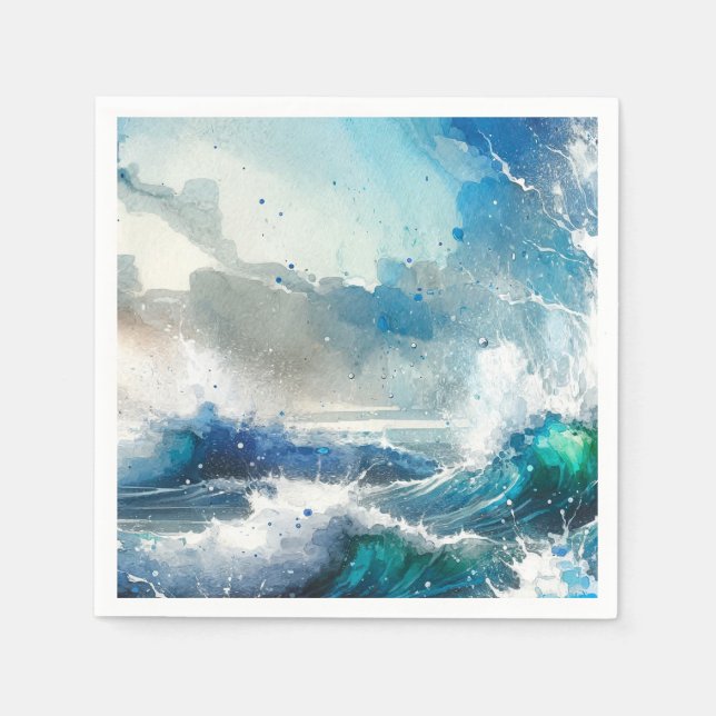 Ocean Sea Splash Watercolor Waves Birthday Party Napkins (Front)