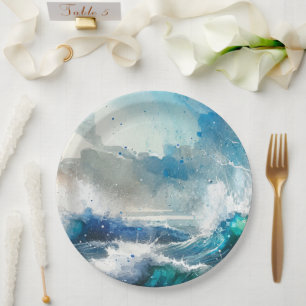 Ocean Sea Splash Watercolor Waves Birthday Party Paper Plates