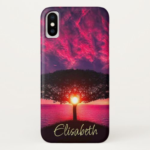 Ocean Sea Tree Purple Sunset Add Name iPhone XS Case