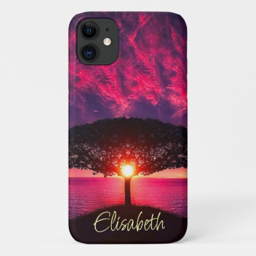 Ocean Sea Tree Purple Sunset Add Name iPhone 11 Case