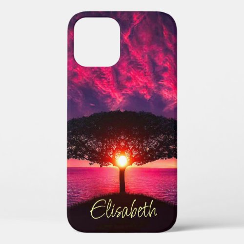 Ocean Sea Tree Purple Sunset Add Name iPhone 12 Case