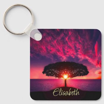 Ocean Sea Tree Purple Sunset Add Name Keychain by ironydesignphotos at Zazzle