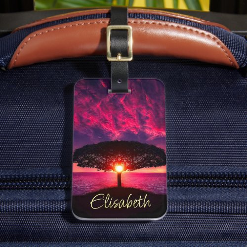 Ocean Sea Tree Purple Sunset Add Name Luggage Tag