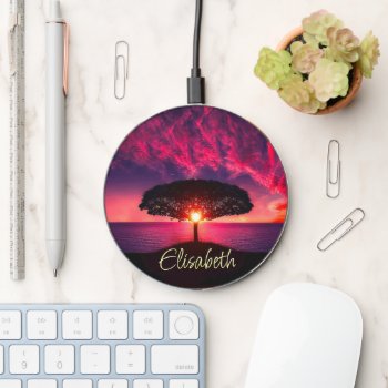 Ocean Sea Tree Purple Sunset Add Name Wireless Charger by ironydesignphotos at Zazzle