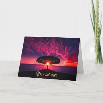 Ocean Sea Tree Purple Sunset Custom Text Card by ironydesignphotos at Zazzle