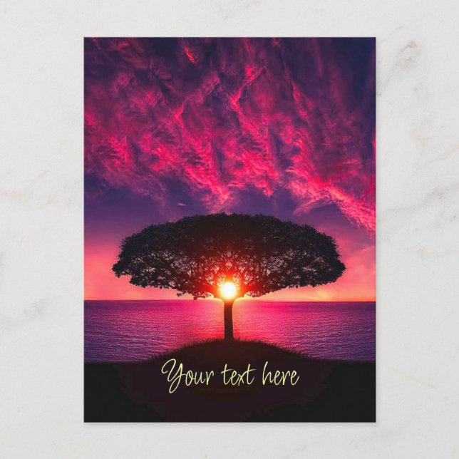 Ocean Sea Tree Purple Sunset Custom Text Postcard (Front)