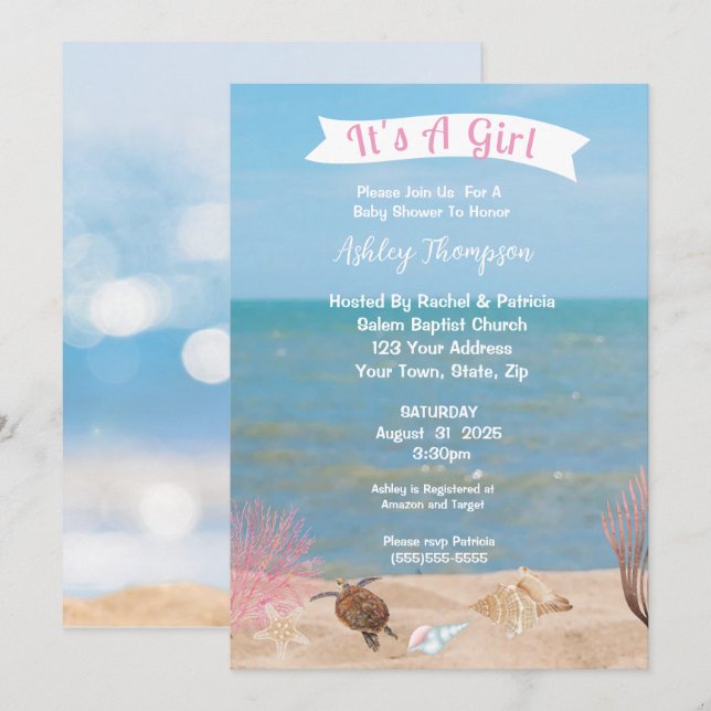 Ocean Sea Turtle Girls Baby Shower Invitation (Front/Back)