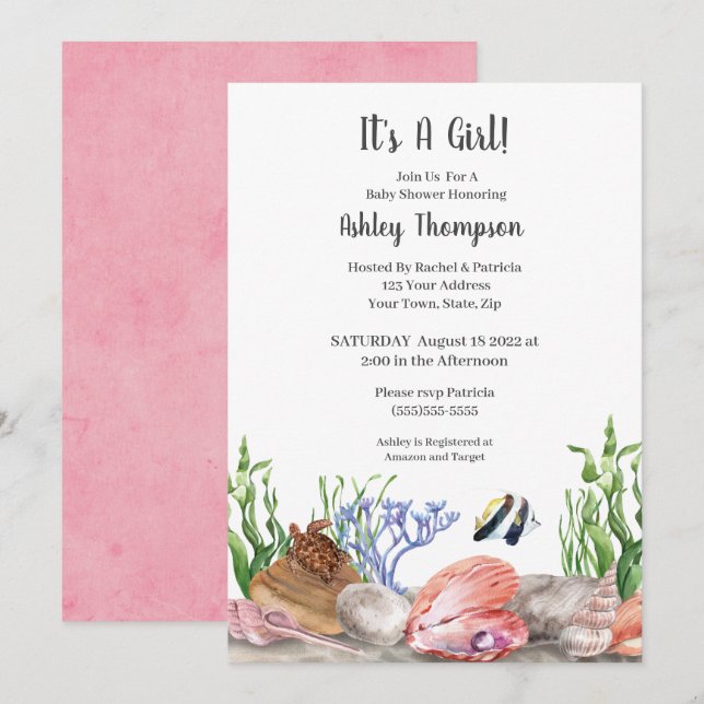 Ocean Sea Turtle Girls Baby Shower Invitation (Front/Back)