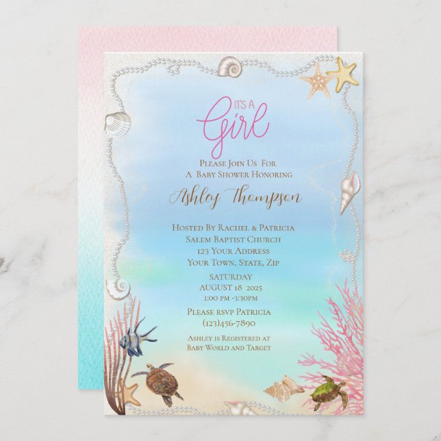 Ocean Sea Turtle Girls Baby Shower Invitation (Front/Back)