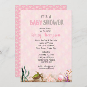 Ocean Sea Turtle Pink Girls Starfish Baby Shower Invitation