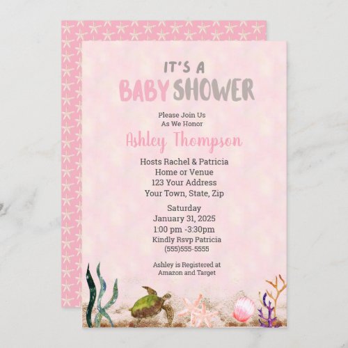 Ocean Sea Turtle Pink Girls Starfish Baby Shower   Invitation