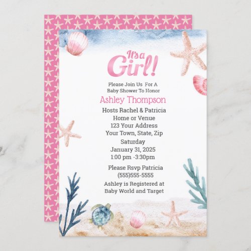 Ocean Sea Turtle Pink Girls Starfish Baby Shower   Invitation