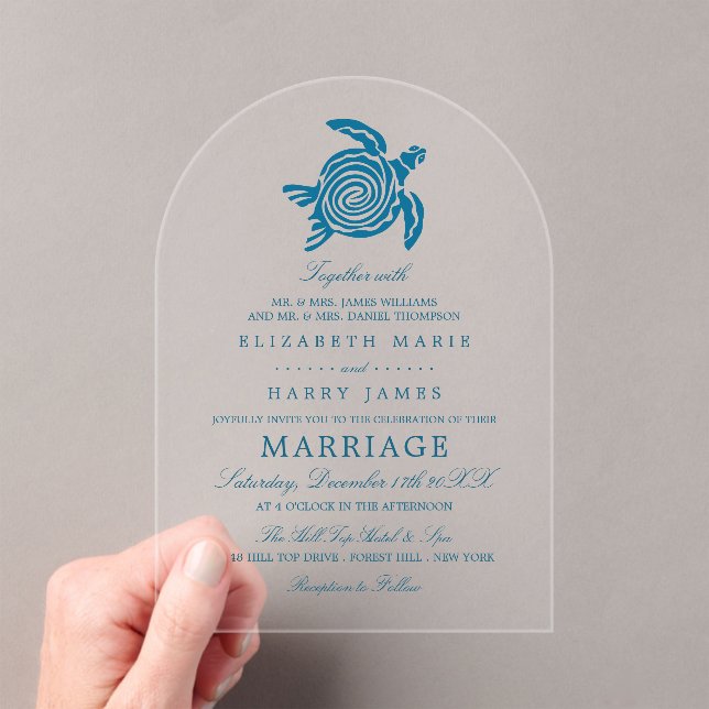 Ocean Sea Turtle, Sea Blue Beach Wedding Acrylic Invitations (Insitu (Handheld))