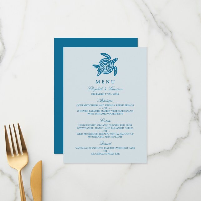 Ocean Sea Turtle, Sea Blue Beach Wedding Menu (Front/Back In Situ)