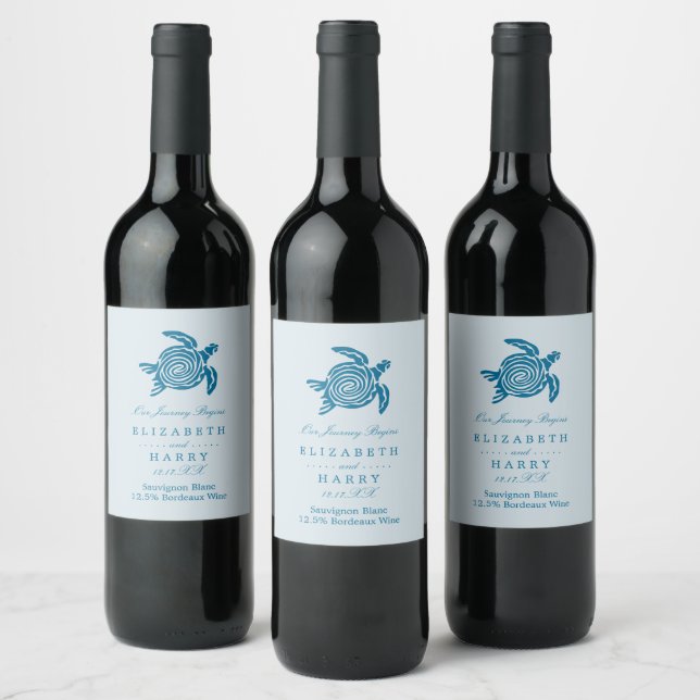 Ocean Sea Turtle, Sea Blue Beach Wedding Wine Label (Bottles)