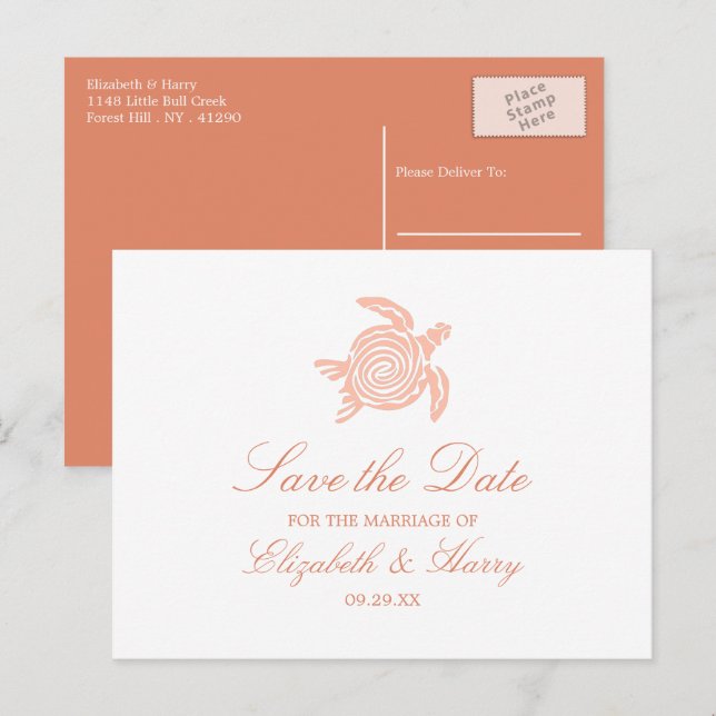 Ocean Sea Turtle, Soft Coral Beach Wedding Announcement Postcard (Front/Back)