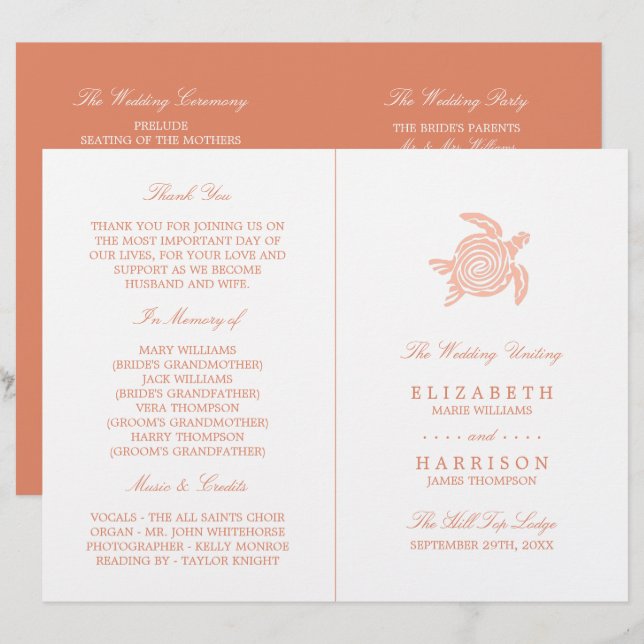 Ocean Sea Turtle, Soft Coral Wedding Programme (Front/Back)
