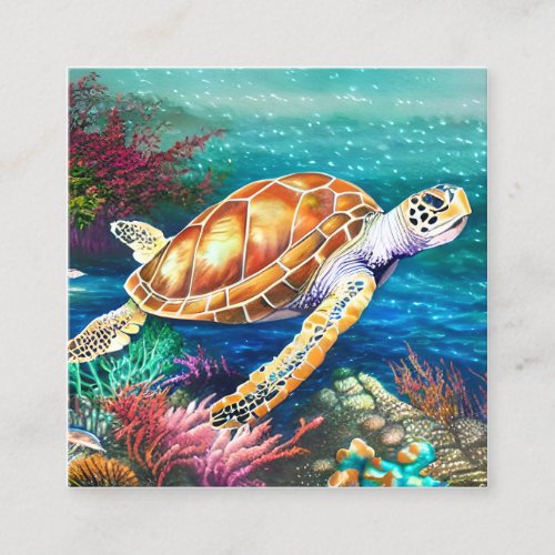 OCEAN Sea Turtle Watercolor Painting Hyper Realist Square Business Card