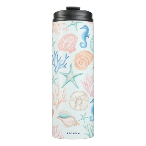 Ocean Sea Watercolor Seashells  Coral Monogram Thermal Tumbler