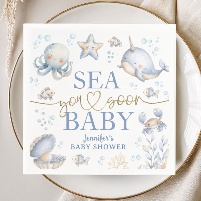 Ocean Sea You Soon Baby Shower Boy Blue Paper Napkins (Creator Uploaded)