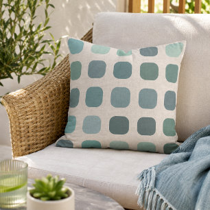 Ocean Seafoam Slate Blue Round Squares On Ivory Outdoor Pillow