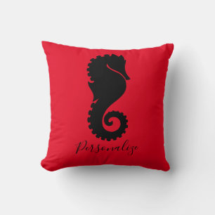 Ocean Seahorse Black Red Personalized Throw Pillow