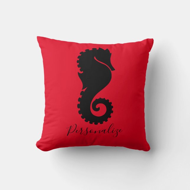 Ocean Seahorse Black Red Personalized Throw Pillow (Front)