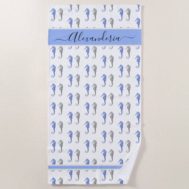 Ocean Seahorse Tropical blue gray Beach Towel (Front)