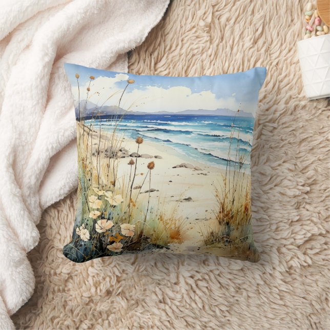 Ocean Seascape watercolor Throw Pillow (Blanket)